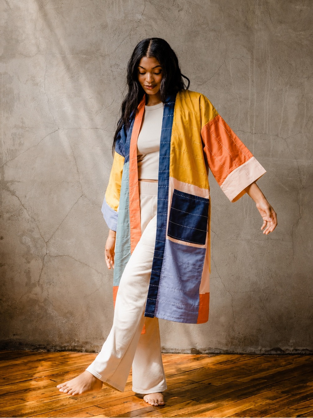 Free People X Anchal Color-Block Patchwork Kimono Robe Hand Embroidered Medium — image 2 of 8